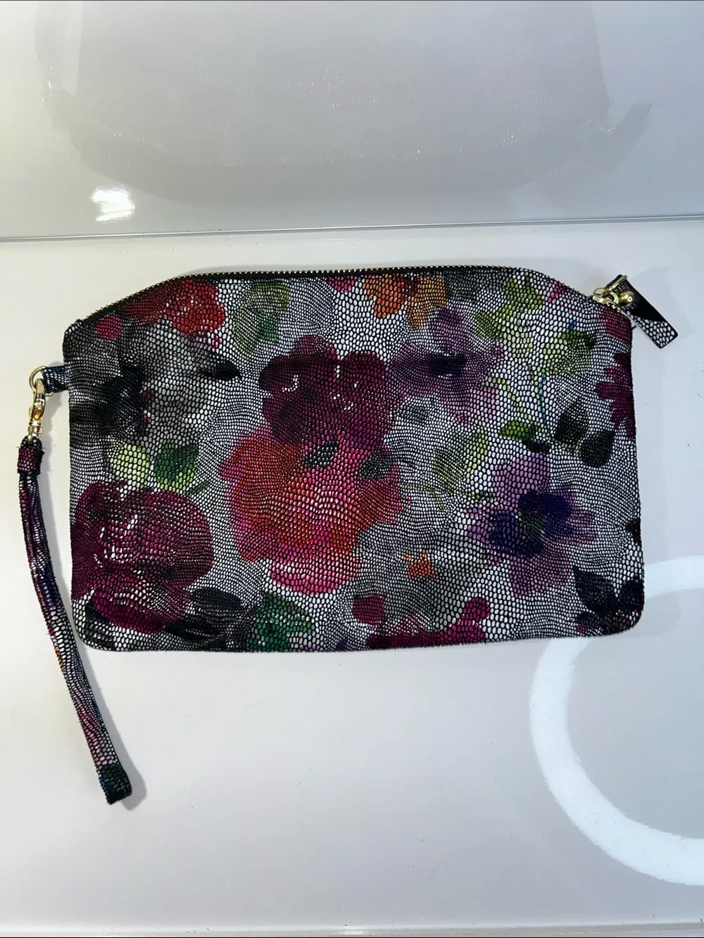 NWOT Lodis Brand Genuine Leather Colorful Floral Print Clutch Wristlet